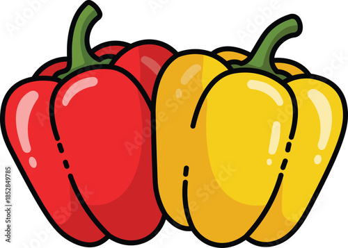 Two red and yellow bell peppers with green stems on a white background red pepper yellow pepper