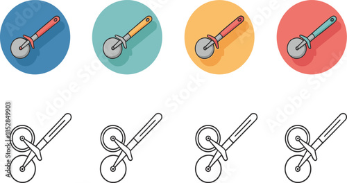 Set of Pizza Cutter and Pasta Wheel Icons in Flat and Outline Style for Kitchen Tools and Restaurant Menu Design.