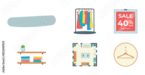 Clothing store management and marketing icons set