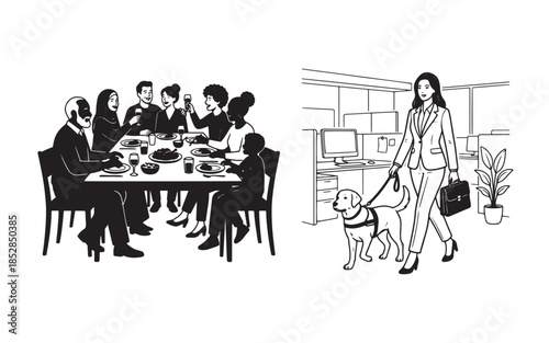 Family Dinner Gathering Silhouette and Blind Businesswoman with Guide Dog Vector Illustration Set