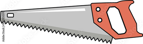 Red handled hand saw with grey metal blade and sharp teeth tool cutting