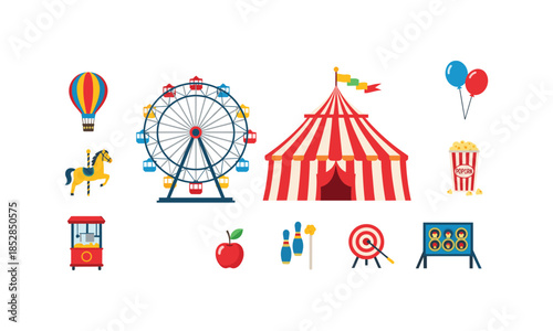 Bundle carnival set with funfair element vectors flat style design