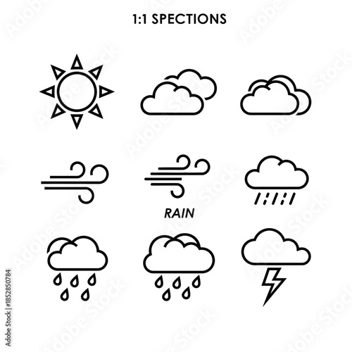Clean modern line art weather icons set featuring sun clouds wind rain and lightning for app design