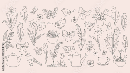 Beautiful floral arrangement with birds and tea set Vector, illustration