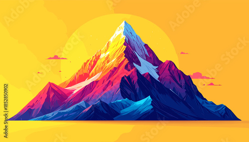 A vibrant, stylized mountain range with a snow-capped peak against a warm, sunny yellow background.