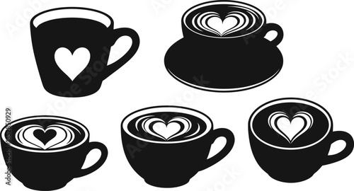 Hand Drawn Coffee Cups With Hearts Set Doodle Sketch Of Hot Drinks Like Tea Or Cappuccino For Cafe Menu Illustration