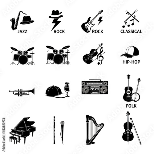 Diverse musical instruments representing various genres like jazz, rock, classical, hip-hop, and folk, ideal for music education or promoting concerts