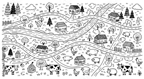 Kids Doodle Map Creator Hand Drawn Naive Child Nature Landscape Village Nature Farm Animal Scribble Kindergarten Game Background River Road Houses Trees