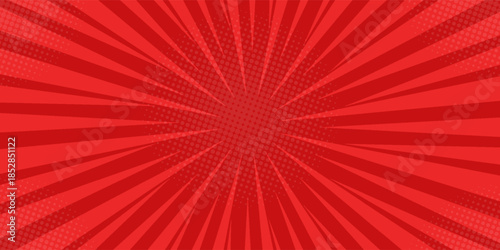 Red comic sunburst effect background with halftone. pop art comic-style vector background. Suitable for templates, sale banners, events, ads, web and pages