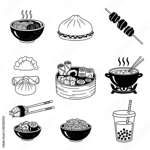 Enjoy a delightful culinary journey with this amazing Asian food illustration featuring noodles, dim sum, and more savory dishes on white background