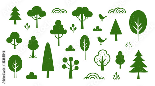 Kids Tree Doodle Hand Drawn Naive Forest Cartoon Illustration Hand Drawn Wax Crayon Texture Print Green Landscape Childish Playful Clipart Nature Minimal Icon Set Simple Tree Doodle Design Graphic