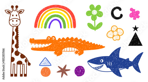 Kids Drawing Illustration Children Color Pencil Naive Doodle Set Cute Cartoon Animals Kindergarten Funny Wax Crayon Sketch Giraffe Crocodile Shark Rainbow