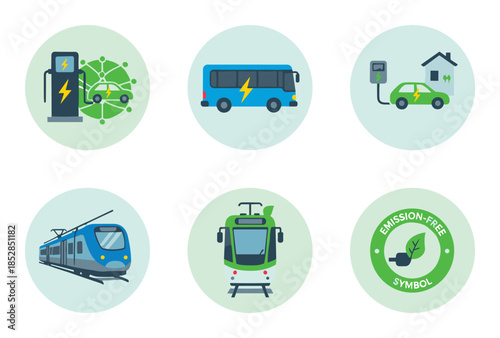 Eco-friendly transportation and energy icons set