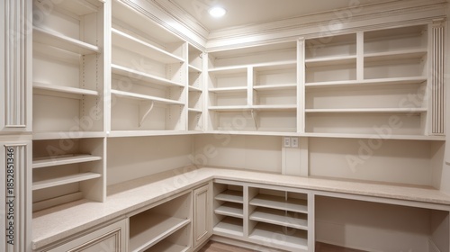 Empty modern cabinetry design in spacious room with bright lighting, perfect for organization and storage solutions in contemporary home environment