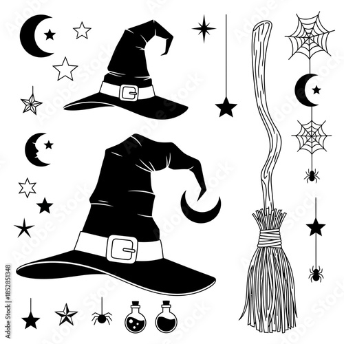 Stunning collection of black and white witch hats brooms and spooky Halloween magic elements for festive design projects