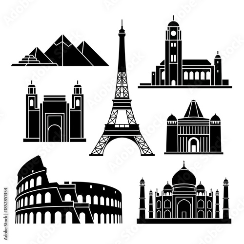 Stunning collection of famous global landmarks and architectural wonders presented as clean black travel icons