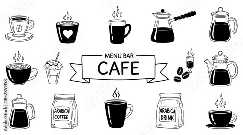 Coffee Doodle Icon Set Ink Hand Drawn Hot Beverage Collection Line Cafe Sketch Banner Espresso Latte Cup