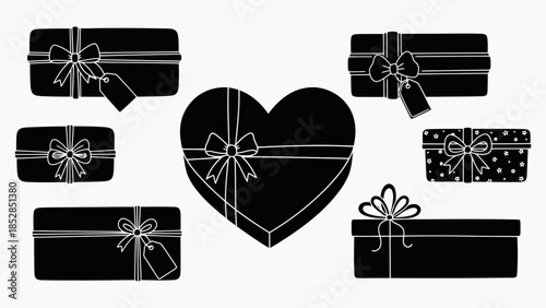 Holiday Gift Box Doodle Icon Set Present Line Hand Drawn Illustration Valentine Day Heart Box Romantic Surprise Celebration