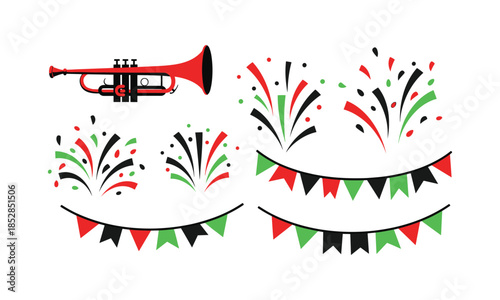 Carnival objects set bundle with trumpet and streamers in flat design