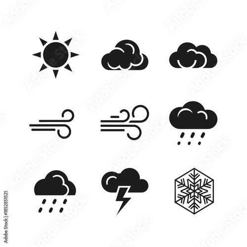 Essential black and white weather icons set showing sun clouds rain wind thunderstorm and snow for forecasting apps