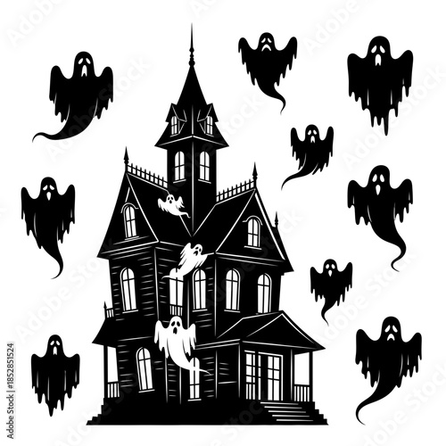 Spooky haunted mansion silhouette design surrounded by playful, scary ghost apparitions perfect for Halloween fun