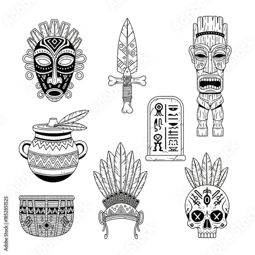 Stunning collection of tribal artifacts featuring ancient masks, ceremonial headdresses, and carved totems perfect for adventure design