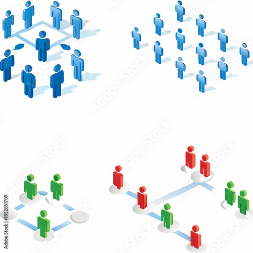 Isometric illustration depicting interconnected groups of people with differing colors