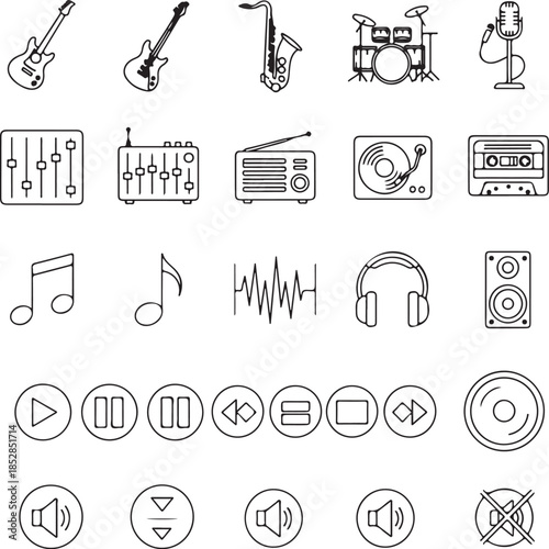 Musical instruments and audio equipment icons 