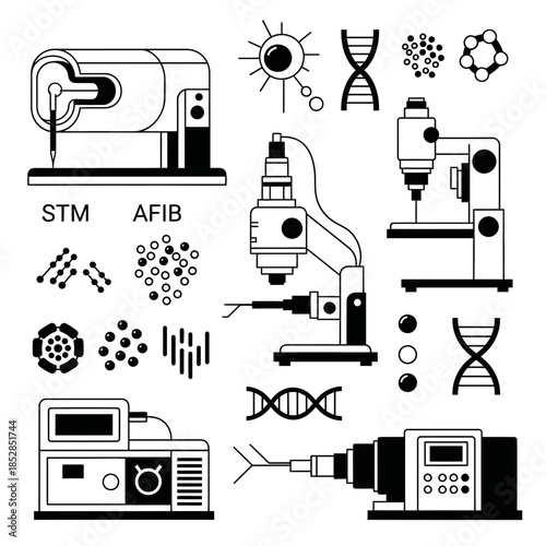 Essential black and white icons detailing advanced scanning probe microscopy and atomic force microscopy tools for cutting edge research
