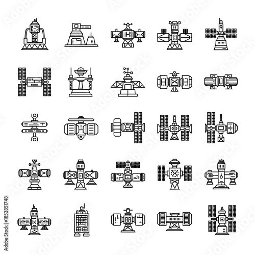 Stunning collection of detailed line art icons representing various space stations and orbital communication satellites for futuristic design projects