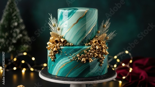 Luxurious teal marble two tier Christmas cake with elegant gold veining and lavish clusters of golden berries and foliage, opulent festive dessert showpiece ideal for glamorous winter parties and cele