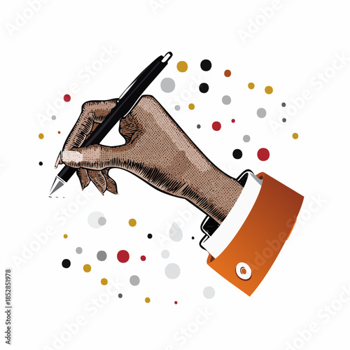 Halftone hand is holding a pen and writing the text. Halftone hand effect in collage style with cut out paper.