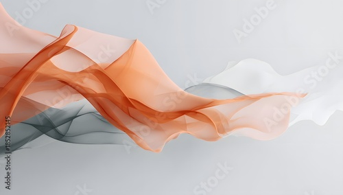 Minimalistic abstract representation of smoke in graceful grey and orange hues flowing elegantly across a white background