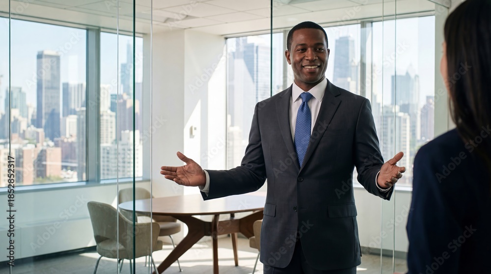 Fototapeta premium Black businessman in suit gesturing with open arms and smiling while talking to colleague in modern office with city skyline view. Business leadership and welcoming client banner with copy space