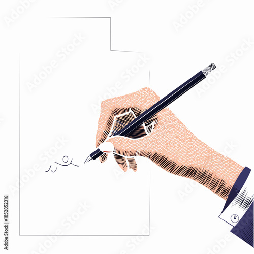 Halftone hand is holding a pen and writing the text. Halftone hand effect in collage style with cut out paper.