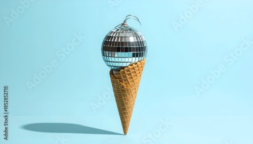 Disco Ball Ice Cream Cone on Blue Background.