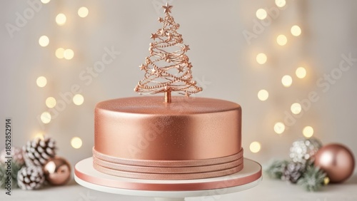 Luxurious rose gold Christmas cake with smooth metallic finish and elegant wire Christmas tree topper, glamorous festive dessert centerpiece perfect for sophisticated winter parties and holiday celebr