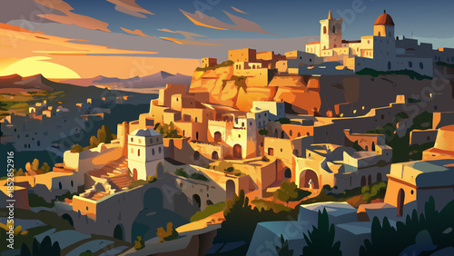 Very beautiful panoramic view of Matera’s ancient cave dwellings carved into limestone cliffs, illuminated by warm natural light, revealing one of Italy’s oldest continuously inhabited urban landscape