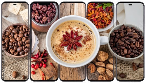Coffee Collage - Aromatic Beans and Spiced Latte Art Composition.