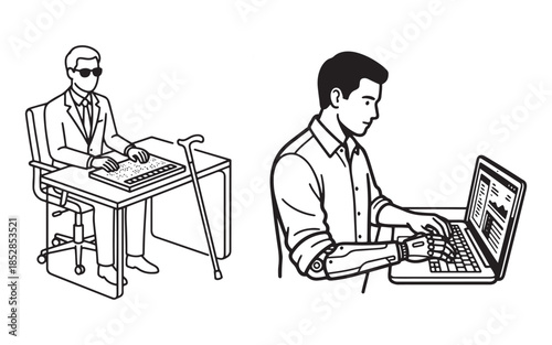 Disability Inclusion in the Workplace: Blind Man and Man with Prosthetic Arm Working Vector Illustration