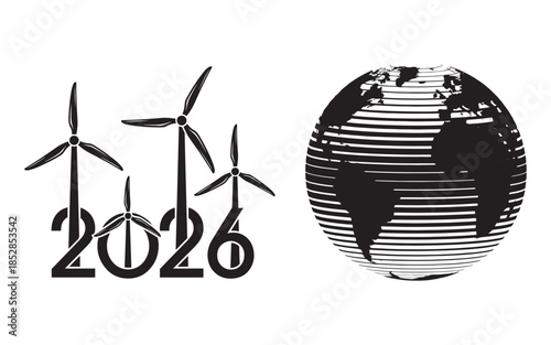 2026 Renewable Energy Concept with Wind Turbines and Stylized Globe Vector Illustration