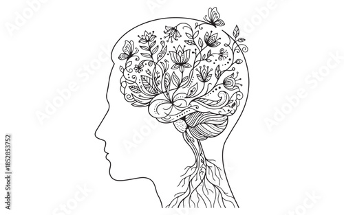 Blooming Mind Concept: Human Head Silhouette with Floral Brain and Roots Vector Illustration