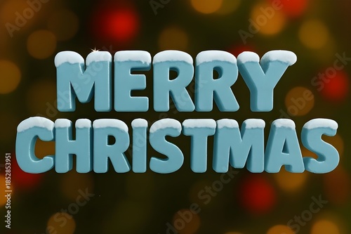 3D rendered Merry Christmas text with icy snow-covered letters, sparkling winter effects, blurred festive background, holiday typography design
