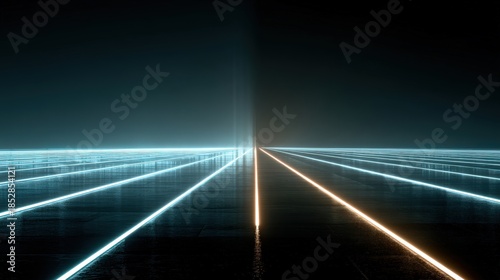 Futuristic Neon Lines on Dark Surface with Glowing Lights and Reflections