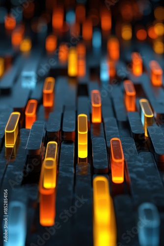 Abstract glowing shapes with vibrant colors on a textured dark background