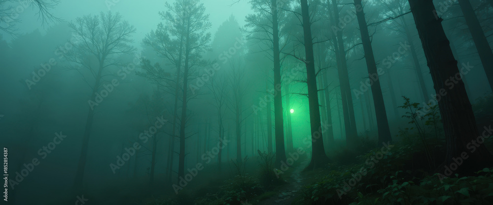 Naklejka premium Mysterious green light illuminates foggy forest trail enigmatic nature scene serene atmosphere enchanted landscape