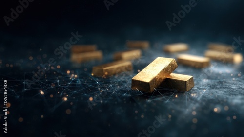 Golden Bars on Dark Background with Bright Glimmering Particles and Sparks