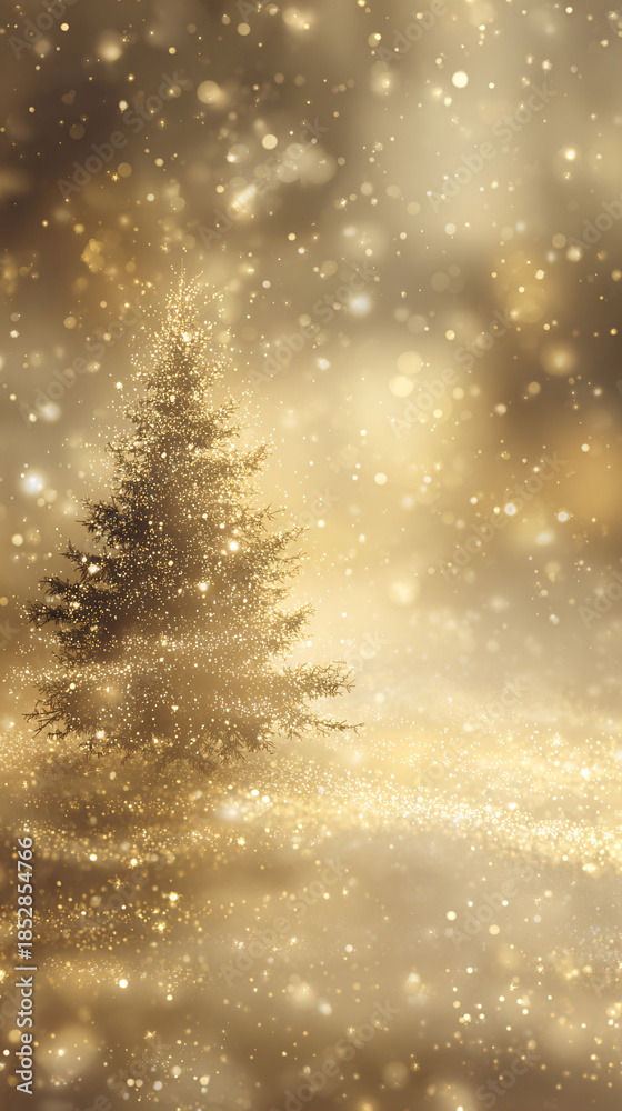 Naklejka premium Sparkling Christmas Tree Under a Soft Golden Glow in Winter Scene