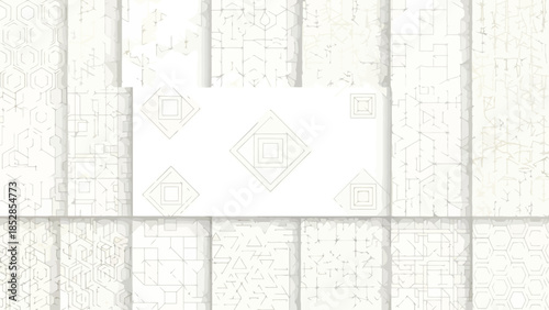 Abstract white background with geometric patterns and diamond shapes.