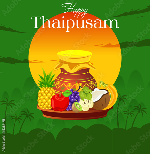 Thaipusam Hindu Festival Illustration with Sacred Offerings and Temple Elements, Traditional Religious Celebration Poster